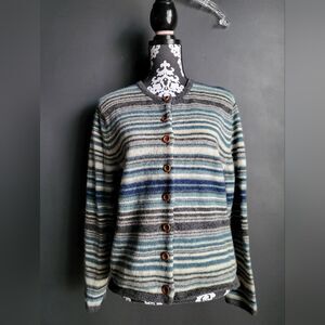 Vintage Carroll Reed Striped Blue Gray Wool Button Down Sweater Cardigan NWOT